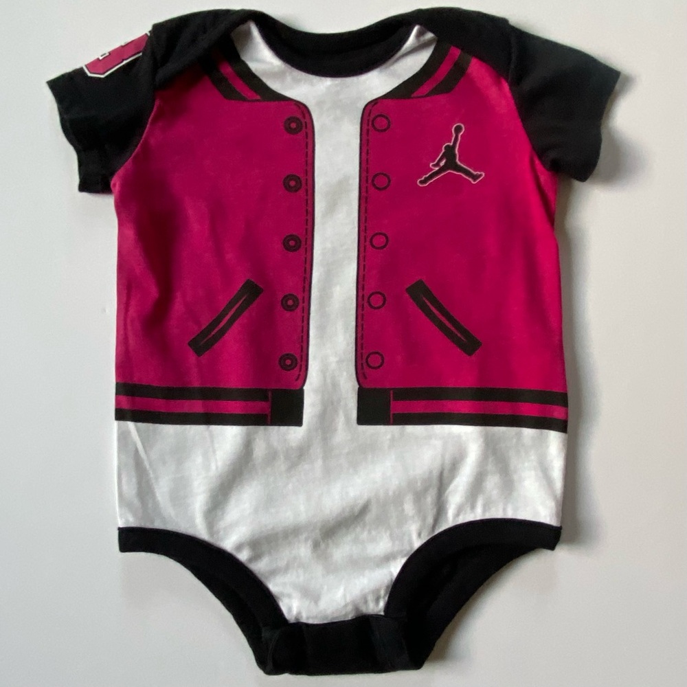 Nike Jordan One Piece Size 6 9 Months Jump Man Pink Black Varsity Jacket Look